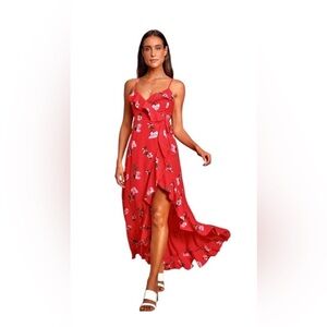 Lulus Rosana Bohemian Boho Floral ruffled wrap maxi dress Small side slit summer